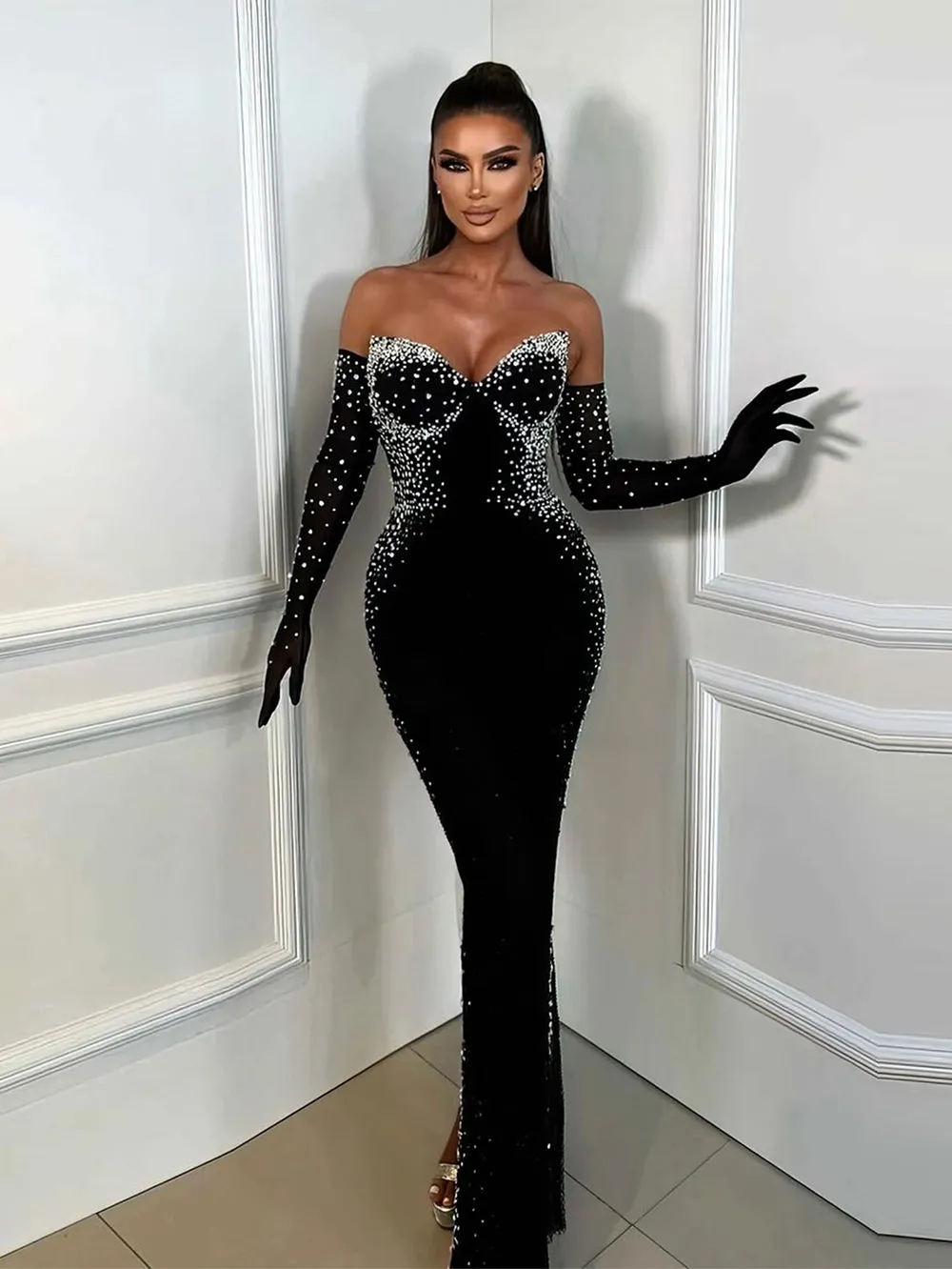 Strapless Sleeveless Pearled Maxi Bodycon Dress HT21830
