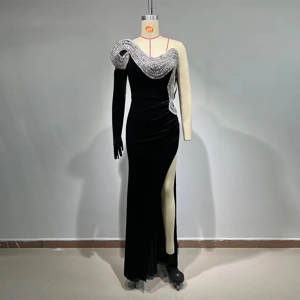 Strapless Sleeveless Rhinestone Maxi Bodycon Dress HT939