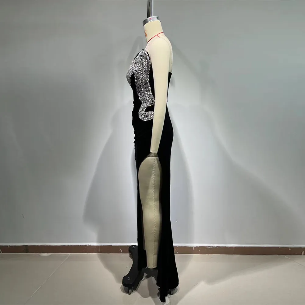 Strapless Sleeveless Rhinestone Maxi Bodycon Dress HT939