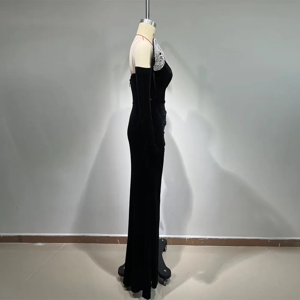 Strapless Sleeveless Rhinestone Maxi Bodycon Dress HT939