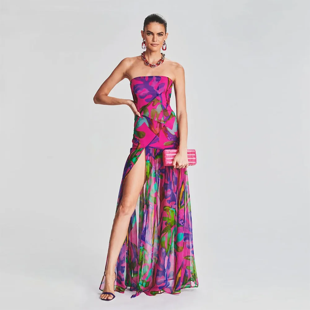 Strapless Sleeveless Side Slit Maxi Bodycon Dress KLYF840