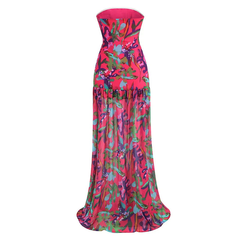 Strapless Sleeveless Side Slit Maxi Bodycon Dress KLYF840