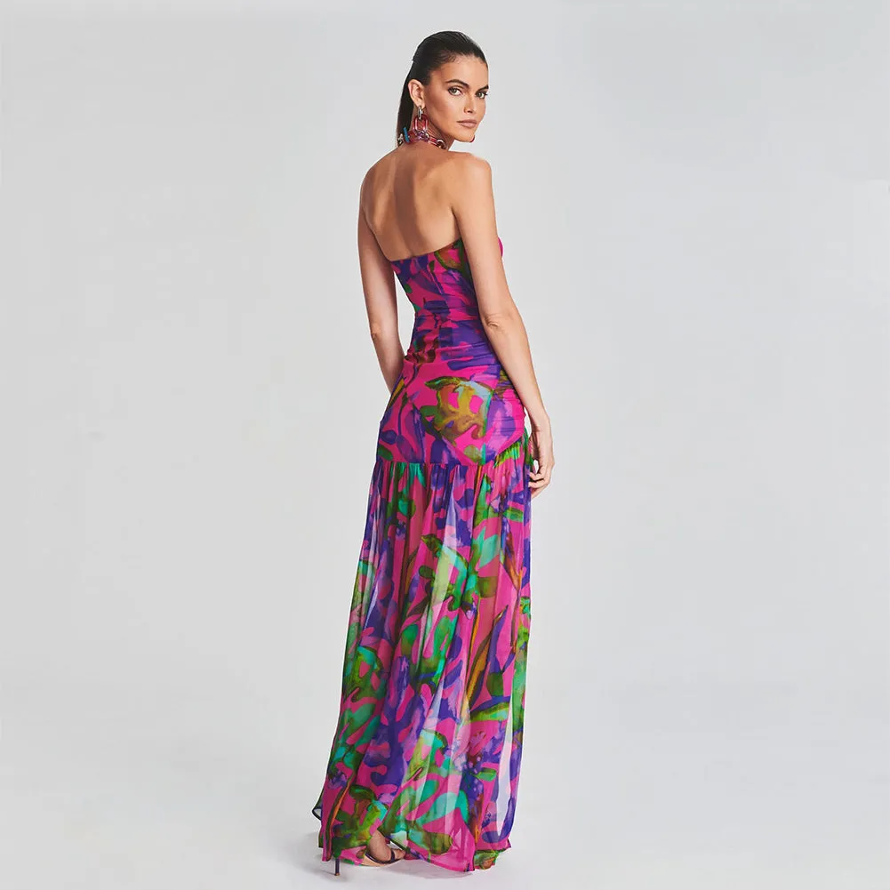 Strapless Sleeveless Side Slit Maxi Bodycon Dress KLYF840