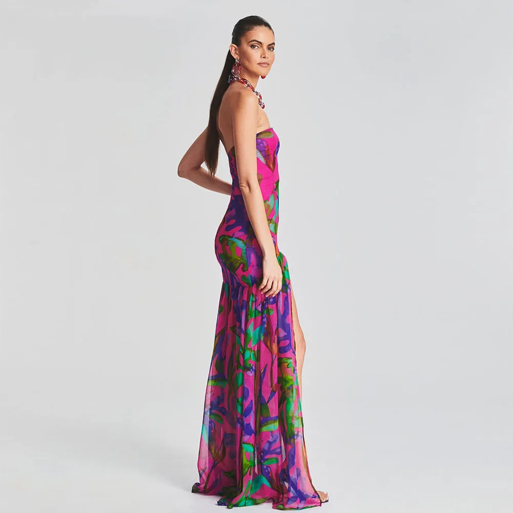 Strapless Sleeveless Side Slit Maxi Bodycon Dress KLYF840