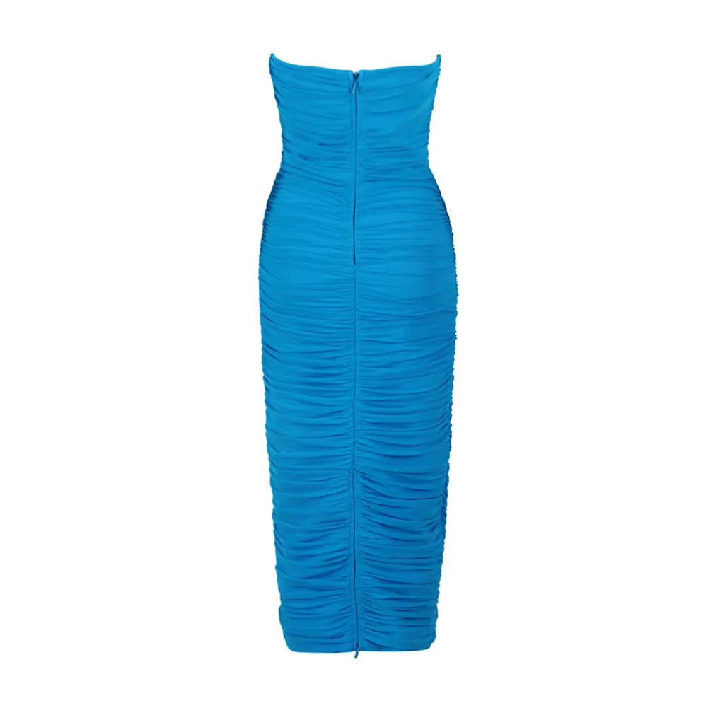 Strapless Sleeveless Wrinkled Midi Bandage Dress HL9364