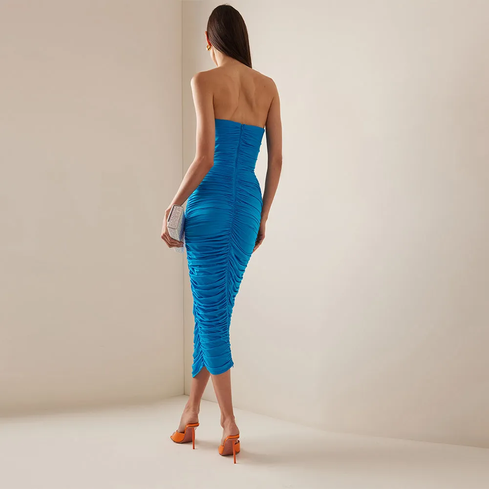 Strapless Sleeveless Wrinkled Midi Bandage Dress HL9364