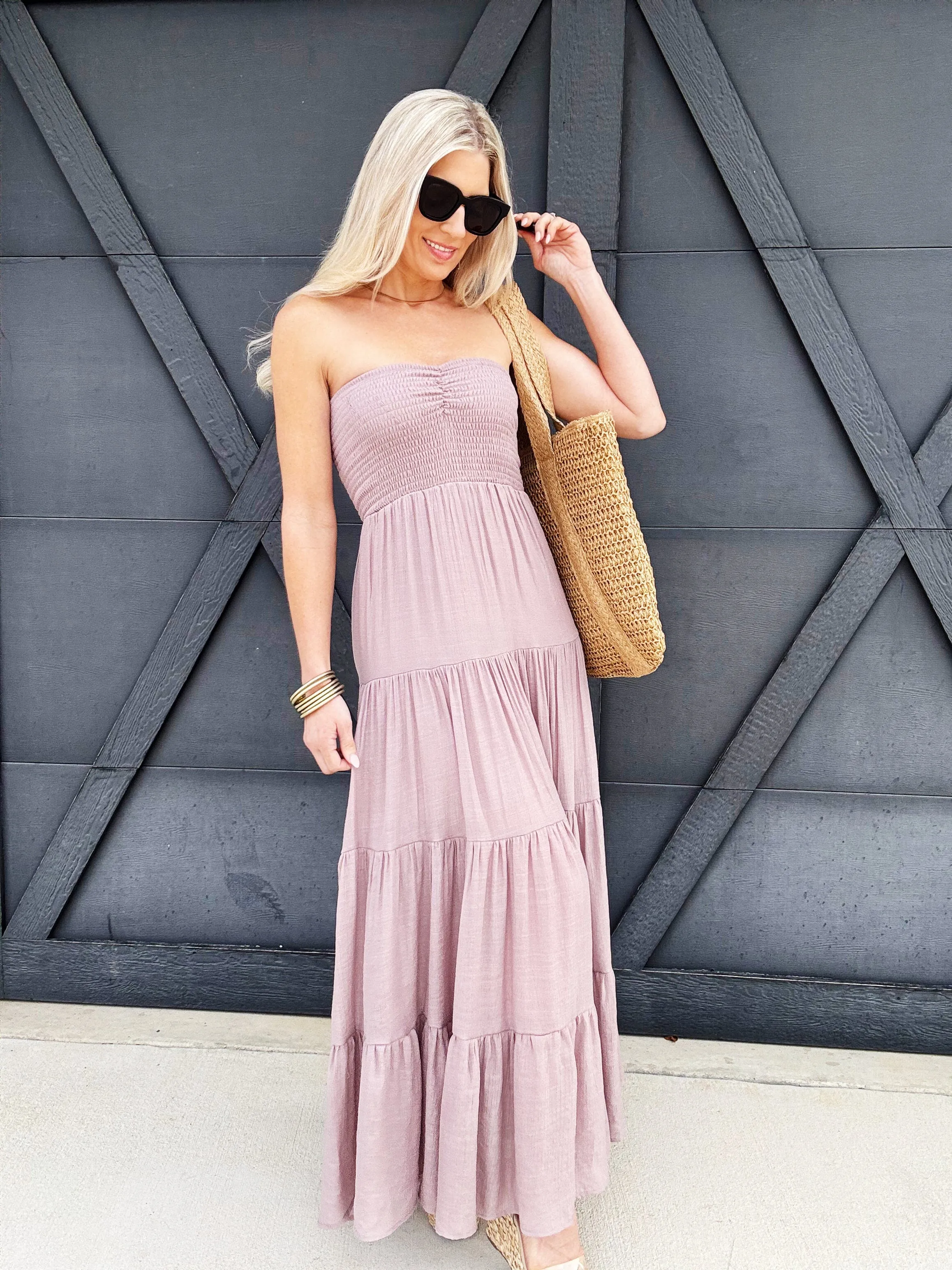 Strapless Tiered Maxi Dress In Mauve