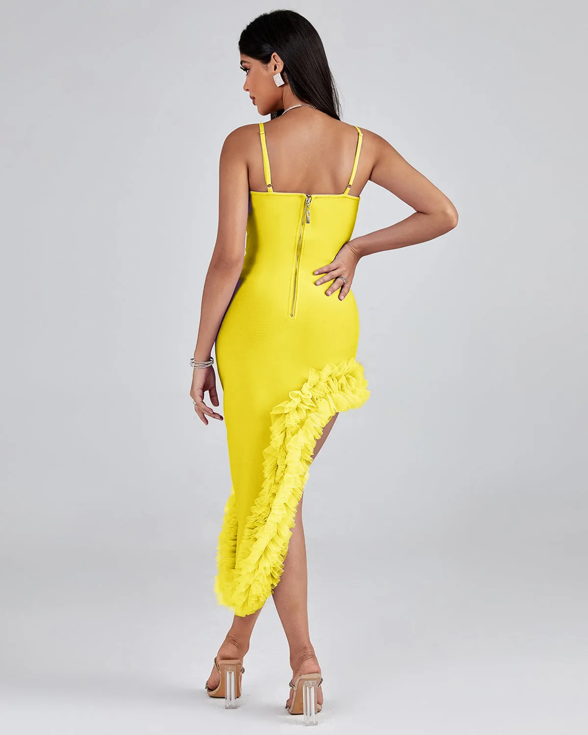 Strappy Puffy Chiffon Trim Midi Bandage Dress