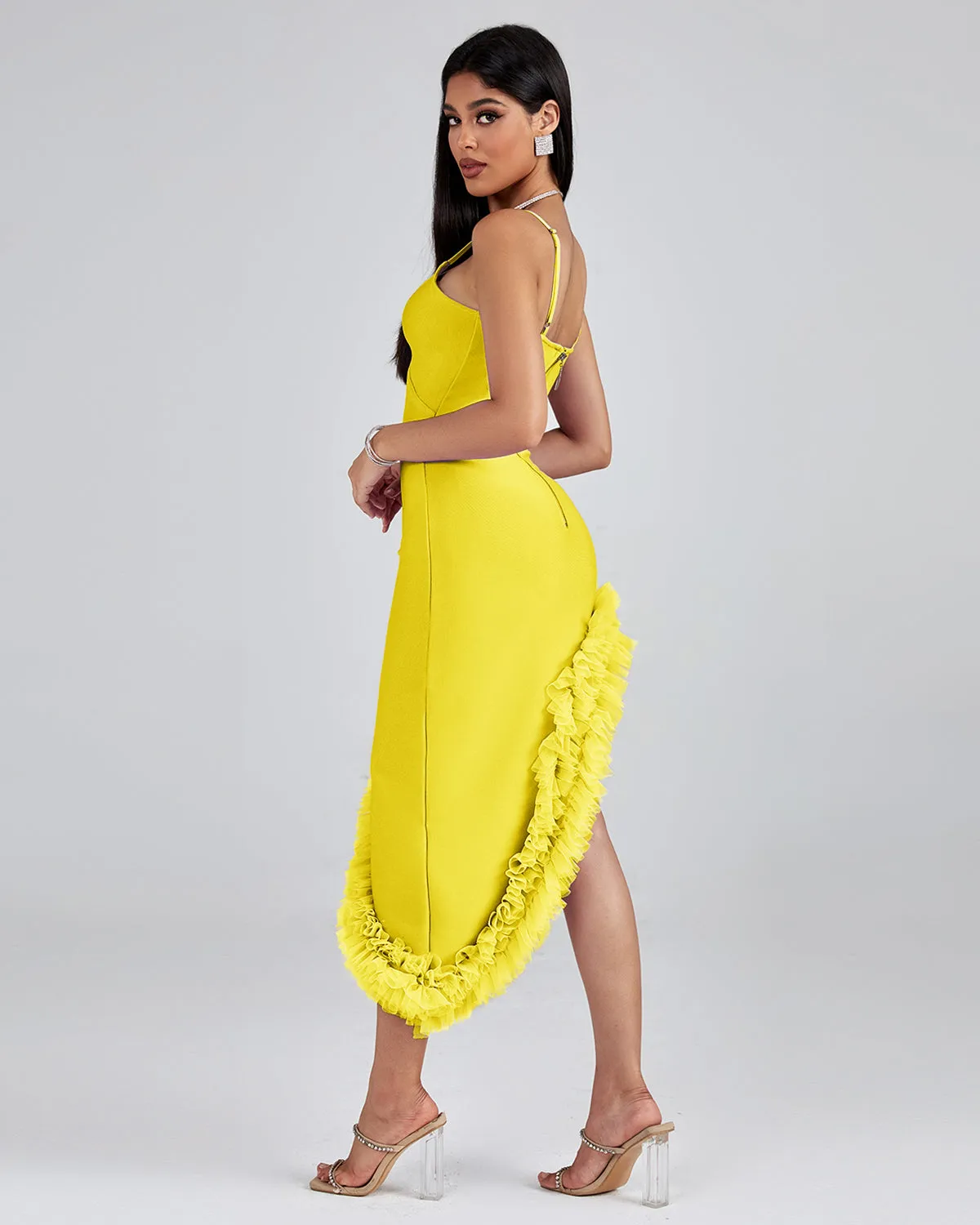 Strappy Puffy Chiffon Trim Midi Bandage Dress