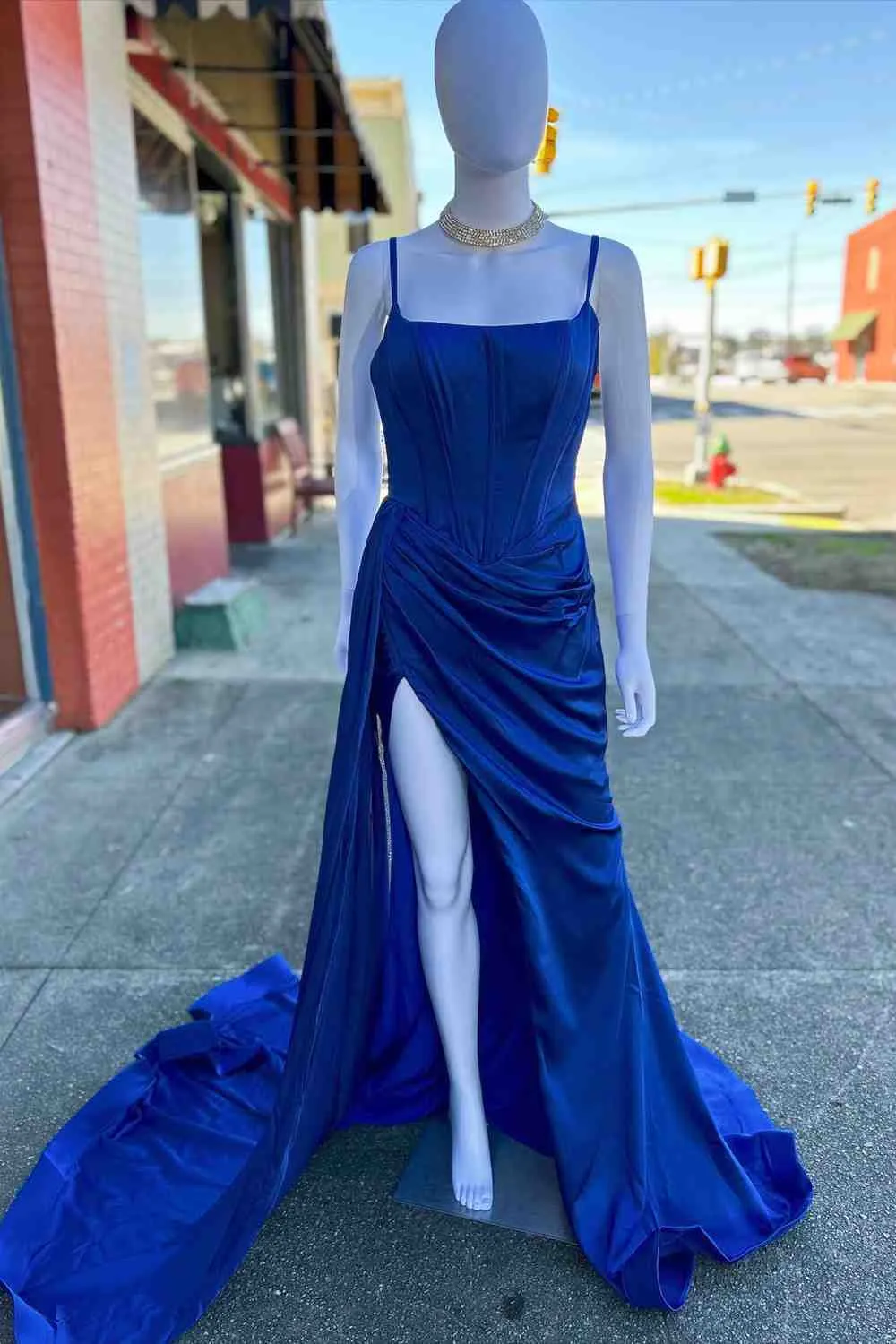 Straps Ruched Royal Blue Long Prom Dress with High Slit