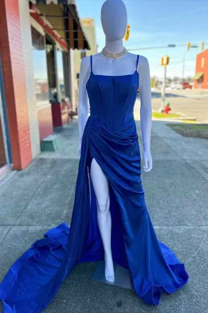Straps Ruched Royal Blue Long Prom Dress with High Slit