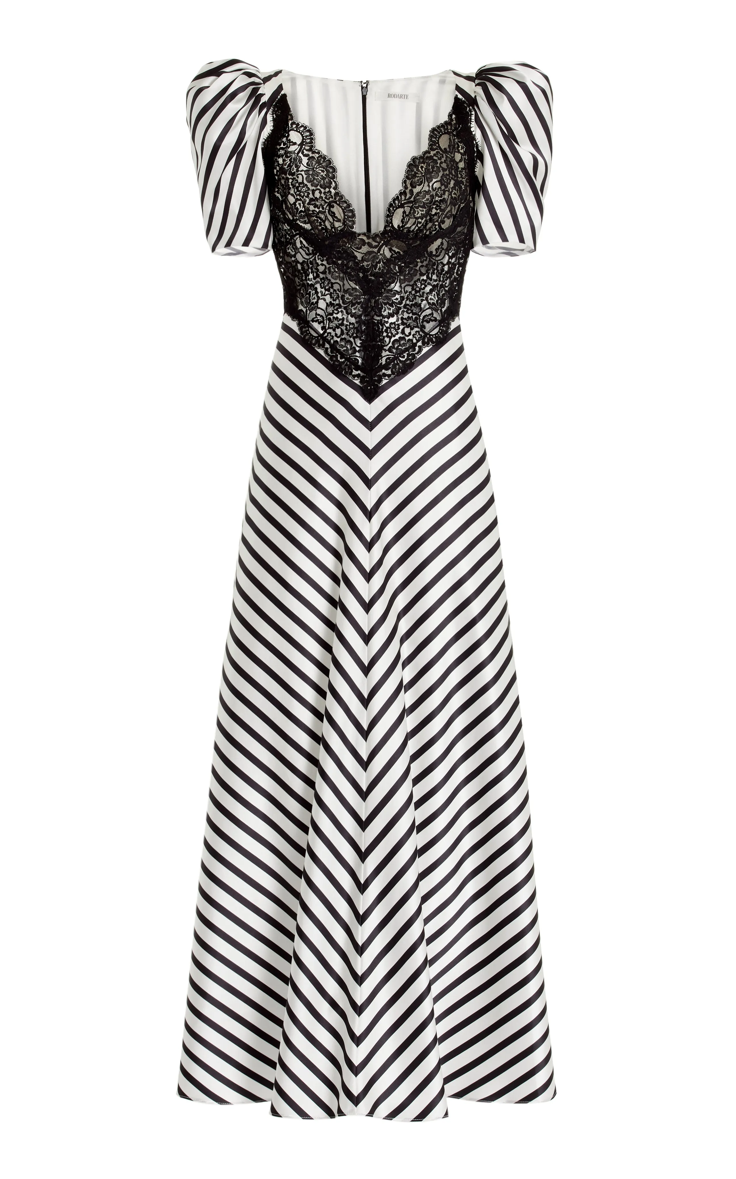 Stripe Silk Satin Short Sleeve Dress With Black Lace Details
