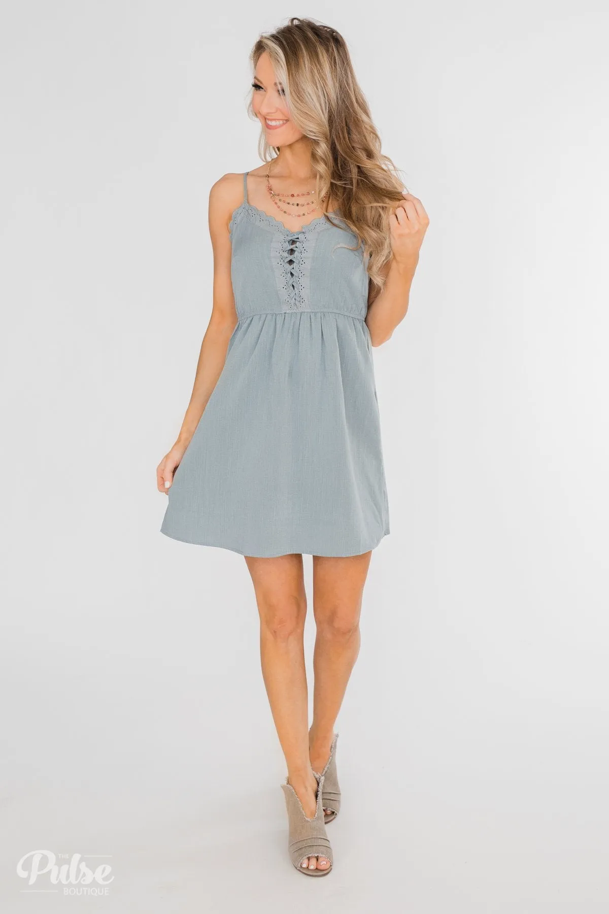 Take Me To Summer Lace Up Dress- Slate Blue