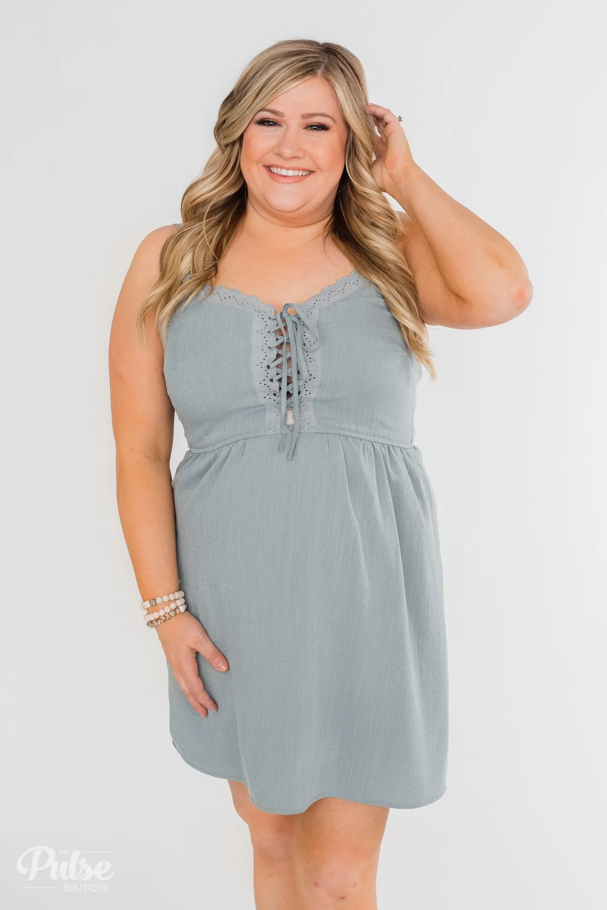 Take Me To Summer Lace Up Dress- Slate Blue
