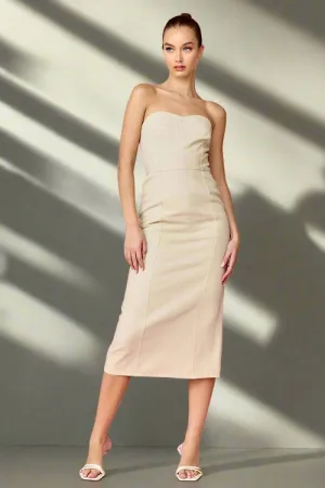 Taupe Denim Strapless Midi Dress