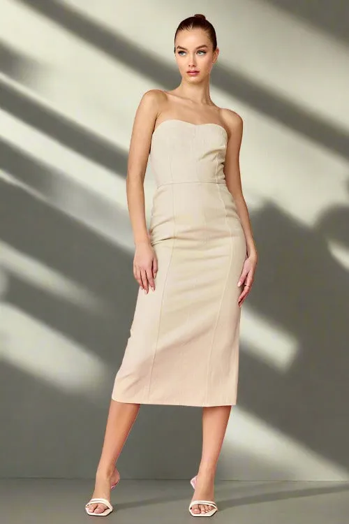 Taupe Denim Strapless Midi Dress