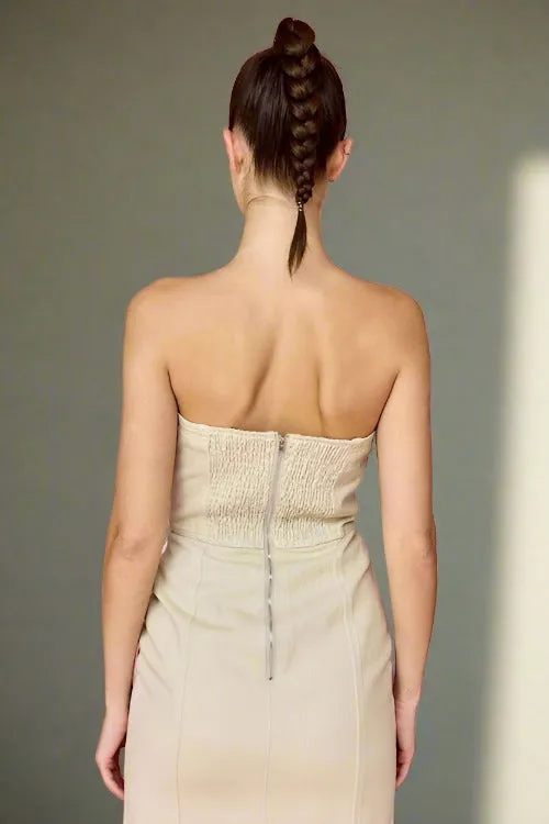 Taupe Denim Strapless Midi Dress