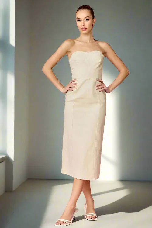 Taupe Denim Strapless Midi Dress