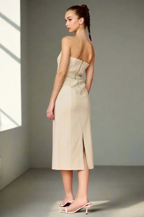 Taupe Denim Strapless Midi Dress