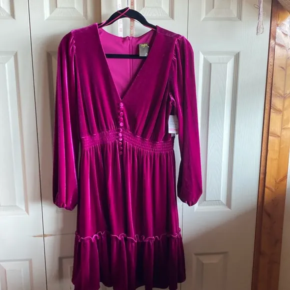 Taylor NWT Long Sleeve Vneck Hidden Back Zipper Velvet Midi Dress size 10