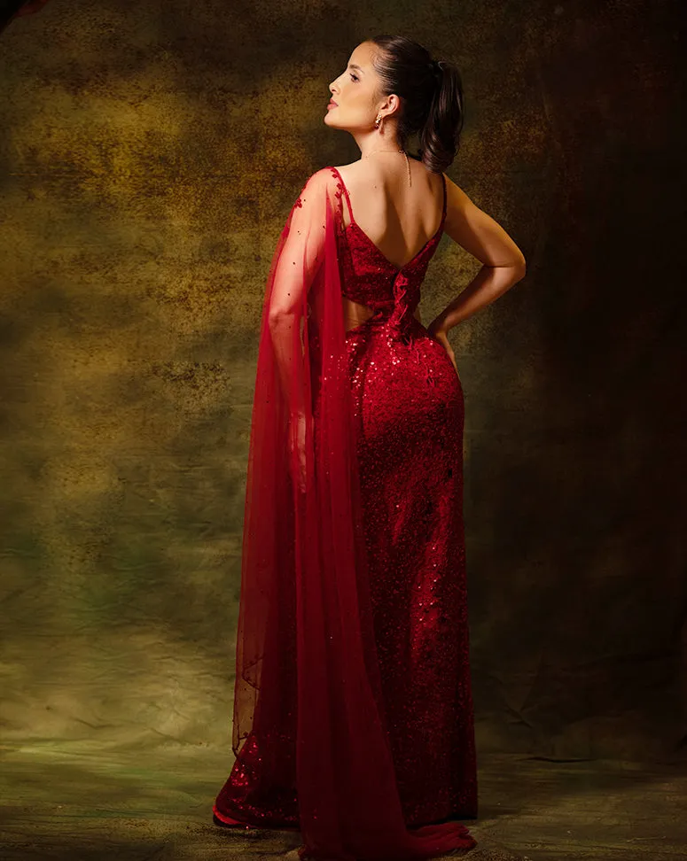 The Red Sequins Drape Gown