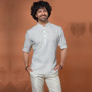 Thin Striped Grey and White Printed Short Kurta