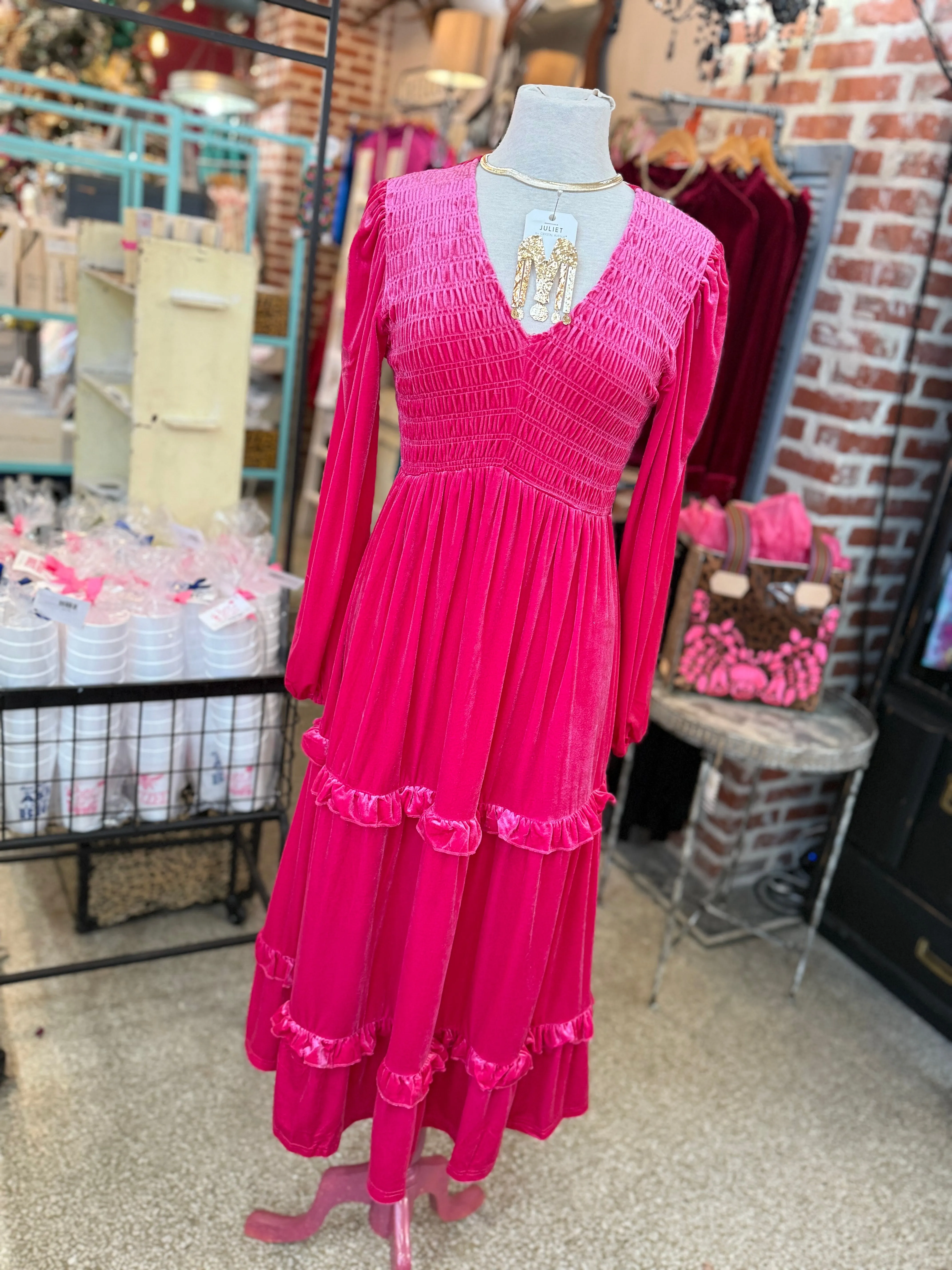Tiered Pink Velvet Maxi Dress - SALE