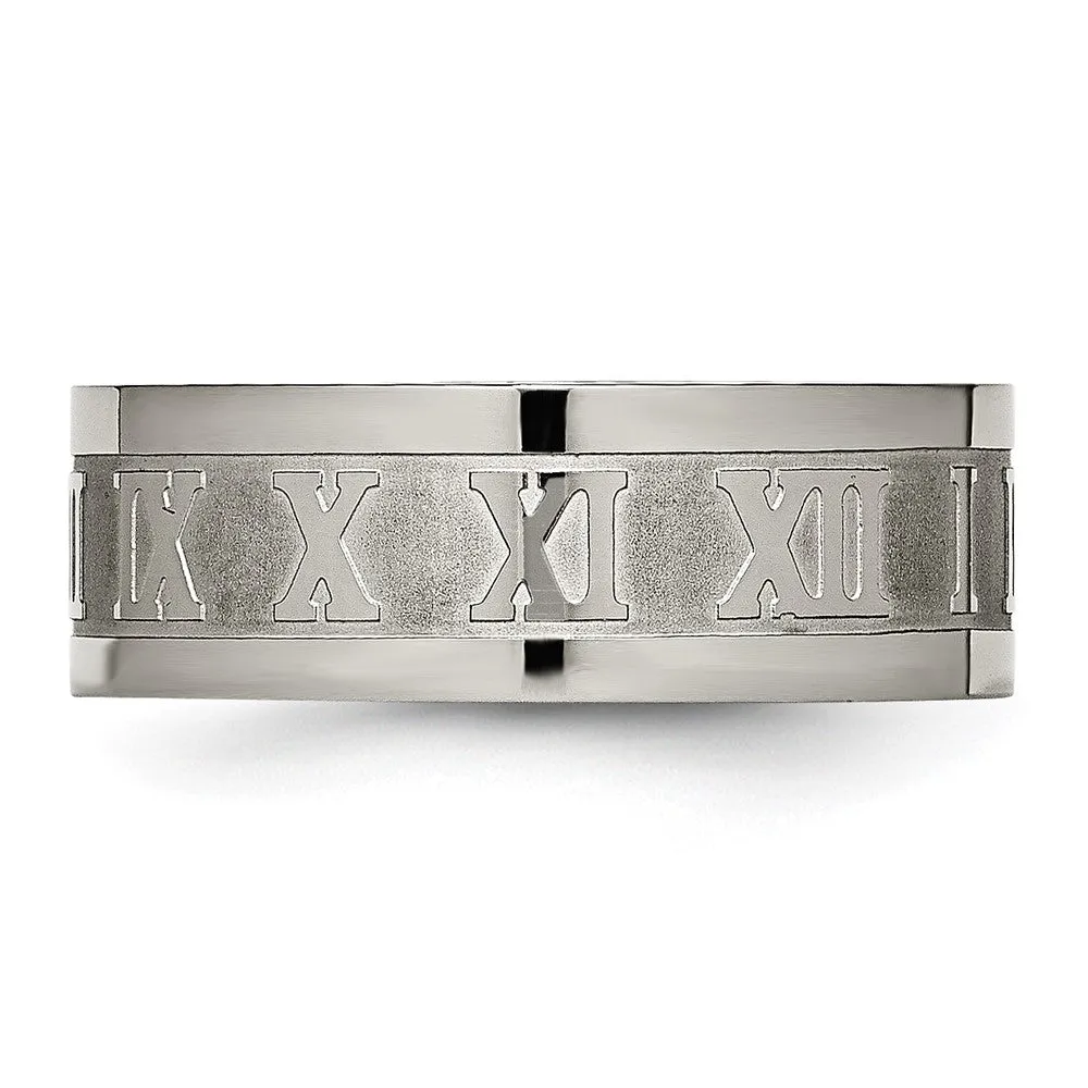 Titanium Satin Center 8mm Roman Numerals Flat Band