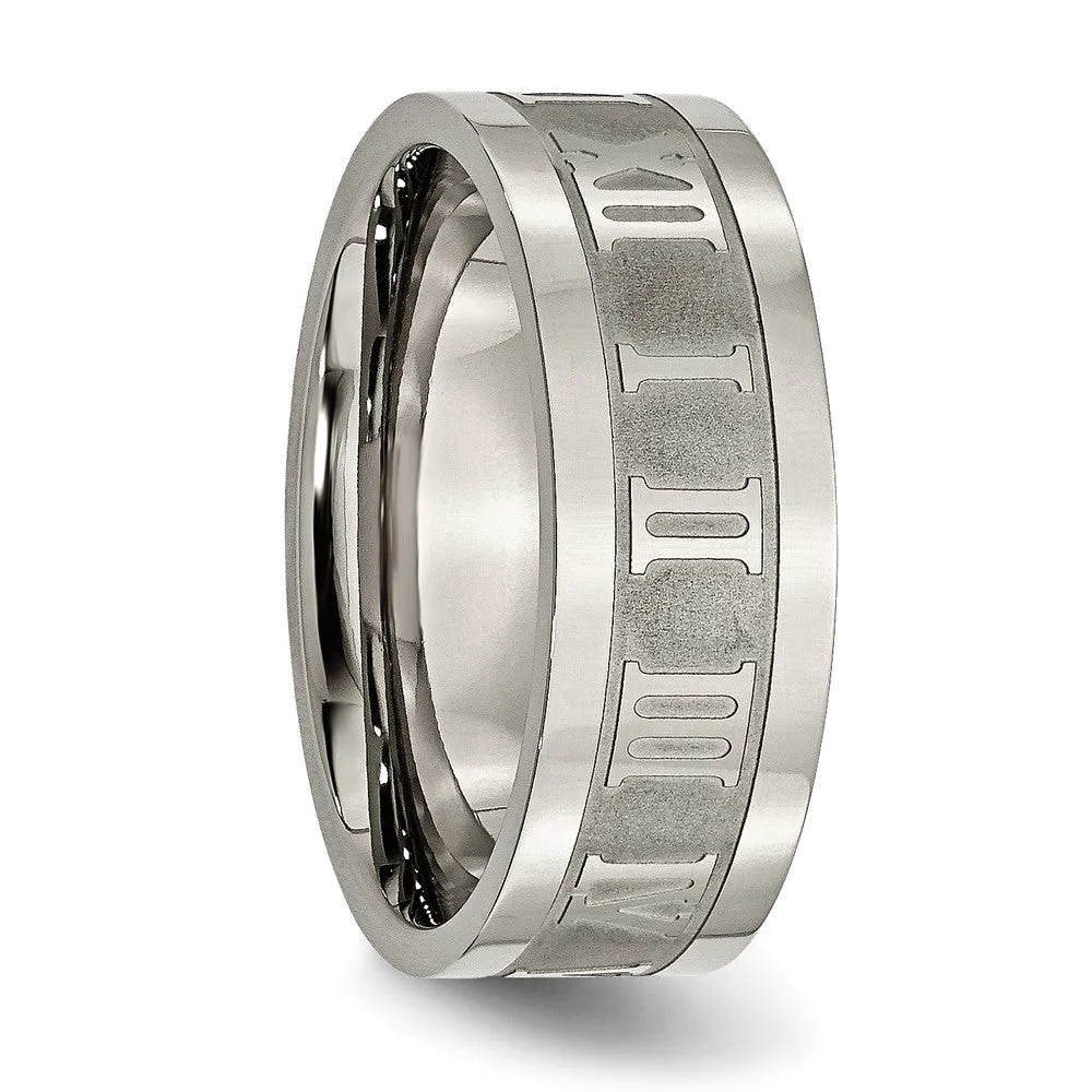 Titanium Satin Center 8mm Roman Numerals Flat Band