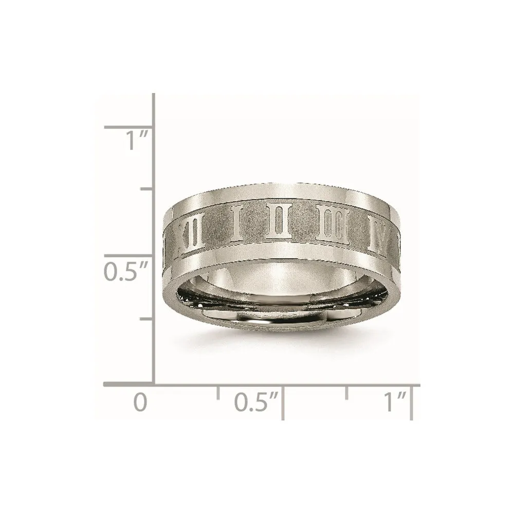 Titanium Satin Center 8mm Roman Numerals Flat Band