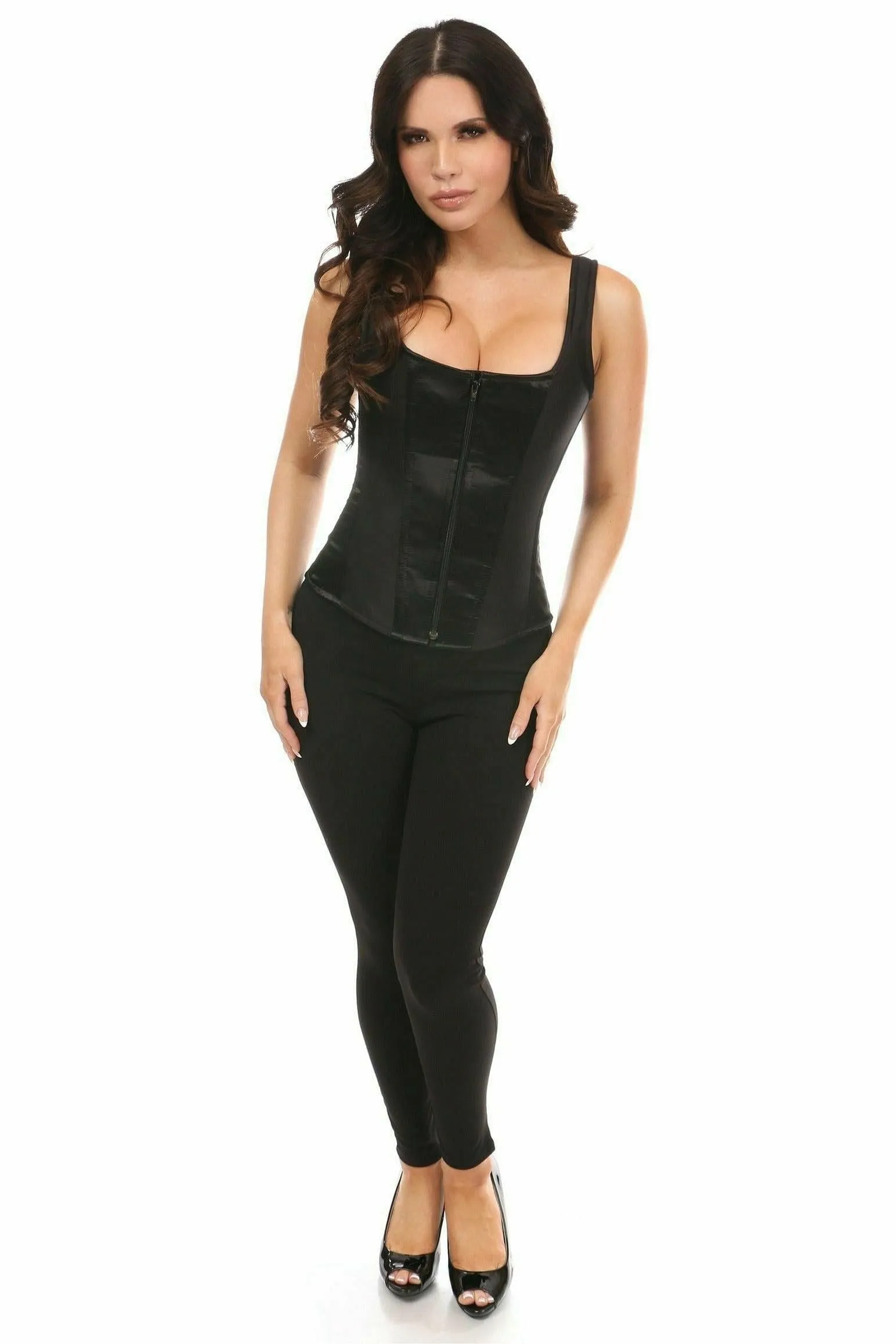 Top Drawer Black Satin Steel Boned Corset w/Straps