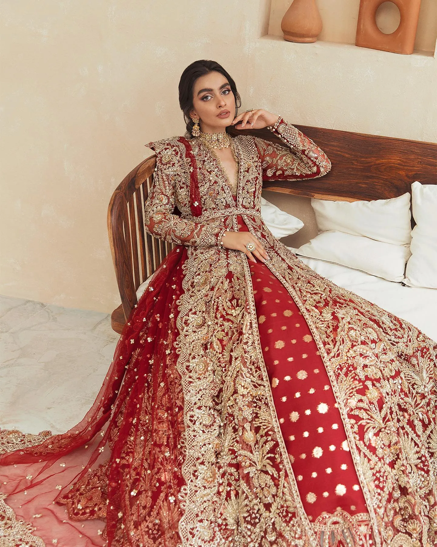 Traditional Lehenga Gown Red Bridal Dress Pakistani
