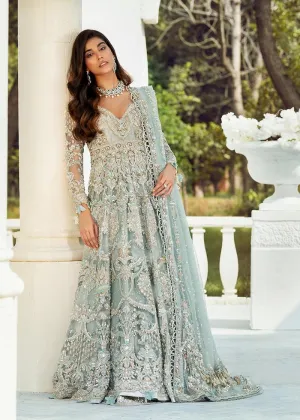 Traditional Pakistani Bridal Lehenga Choli in Embellished Gown Style with Heavy Zardozi Work on Ice Blue Lehenga in Chiffon Fabric #BN930