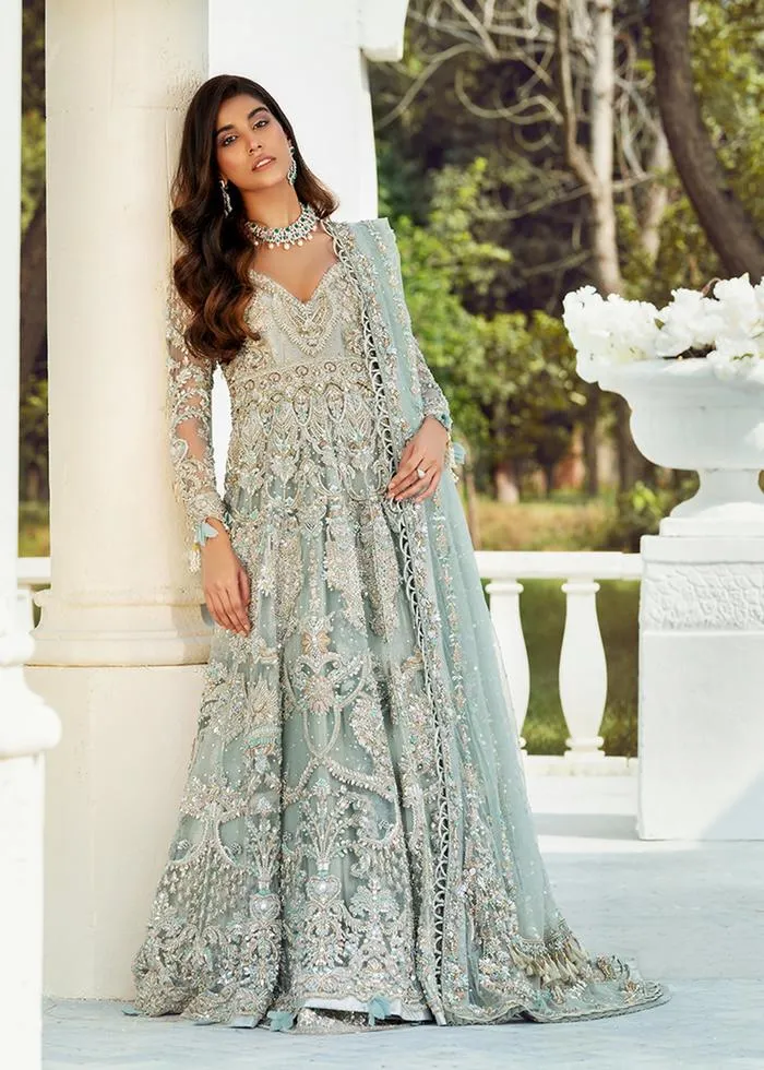 Traditional Pakistani Bridal Lehenga Choli in Embellished Gown Style with Heavy Zardozi Work on Ice Blue Lehenga in Chiffon Fabric #BN930