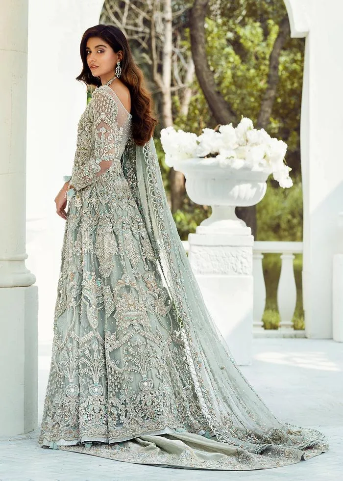 Traditional Pakistani Bridal Lehenga Choli in Embellished Gown Style with Heavy Zardozi Work on Ice Blue Lehenga in Chiffon Fabric #BN930