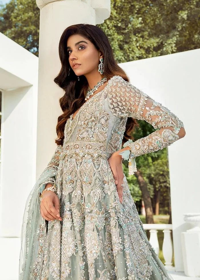 Traditional Pakistani Bridal Lehenga Choli in Embellished Gown Style with Heavy Zardozi Work on Ice Blue Lehenga in Chiffon Fabric #BN930