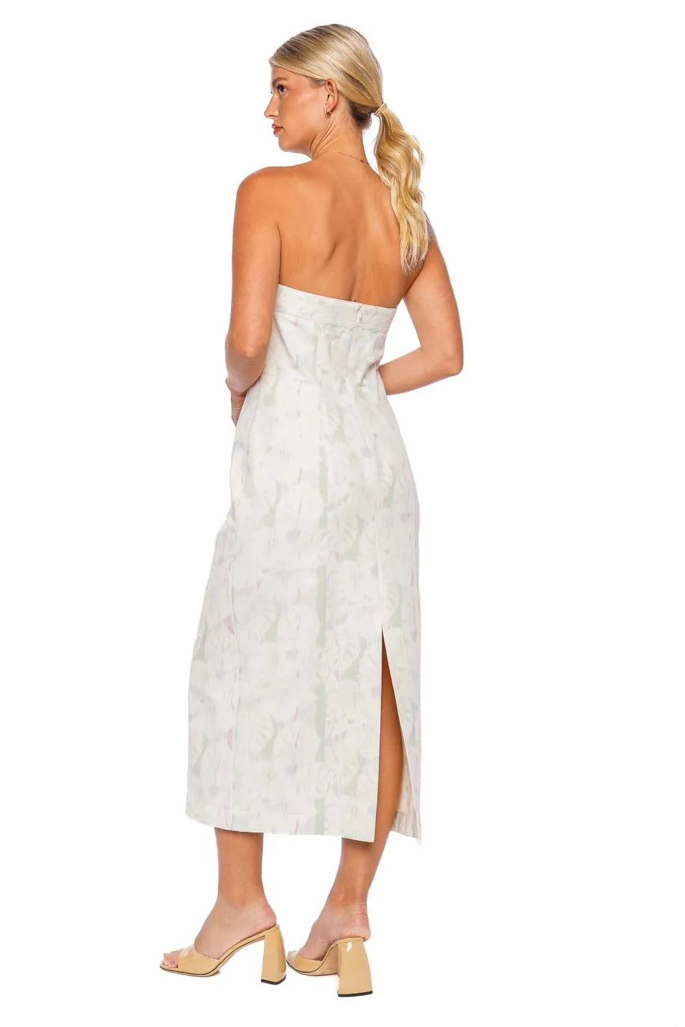 Tropical Printed Denim Strapless Midi Dress