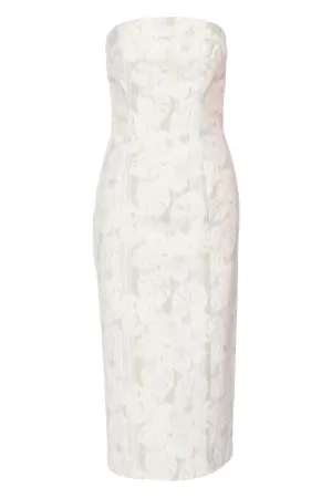 Tropical Printed Denim Strapless Midi Dress