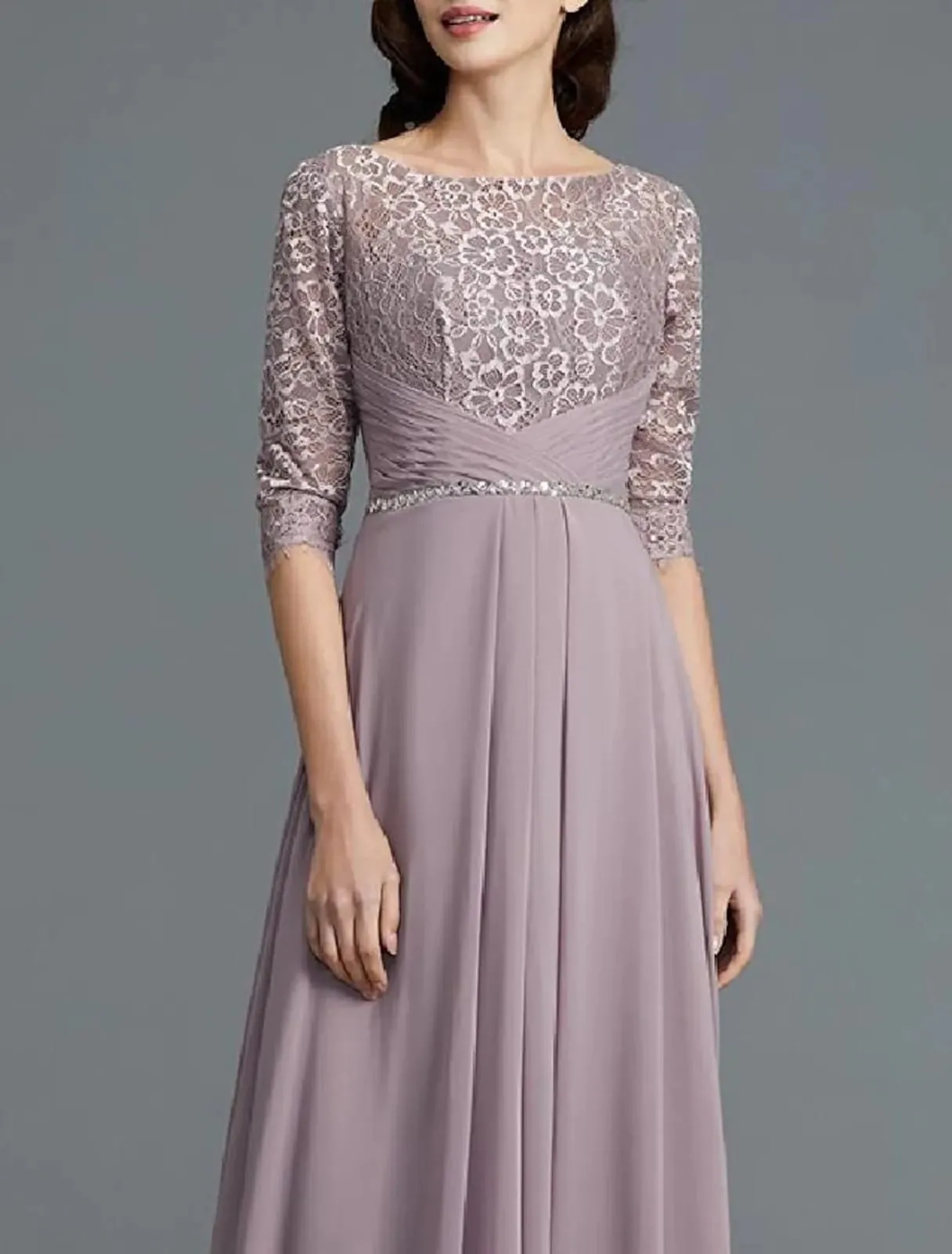 Two Piece A-Line Bateau Neck Lace Chiffon Ankle Length Mother of Bride Dress