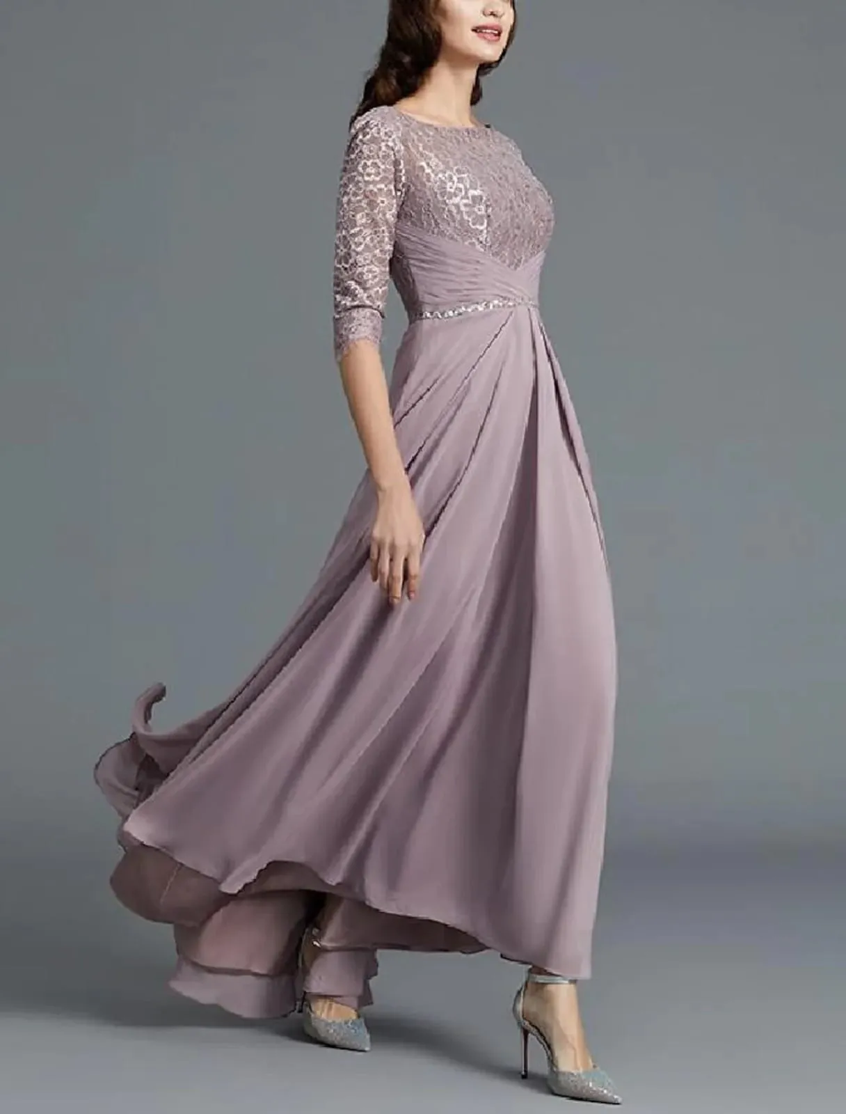 Two Piece A-Line Bateau Neck Lace Chiffon Ankle Length Mother of Bride Dress