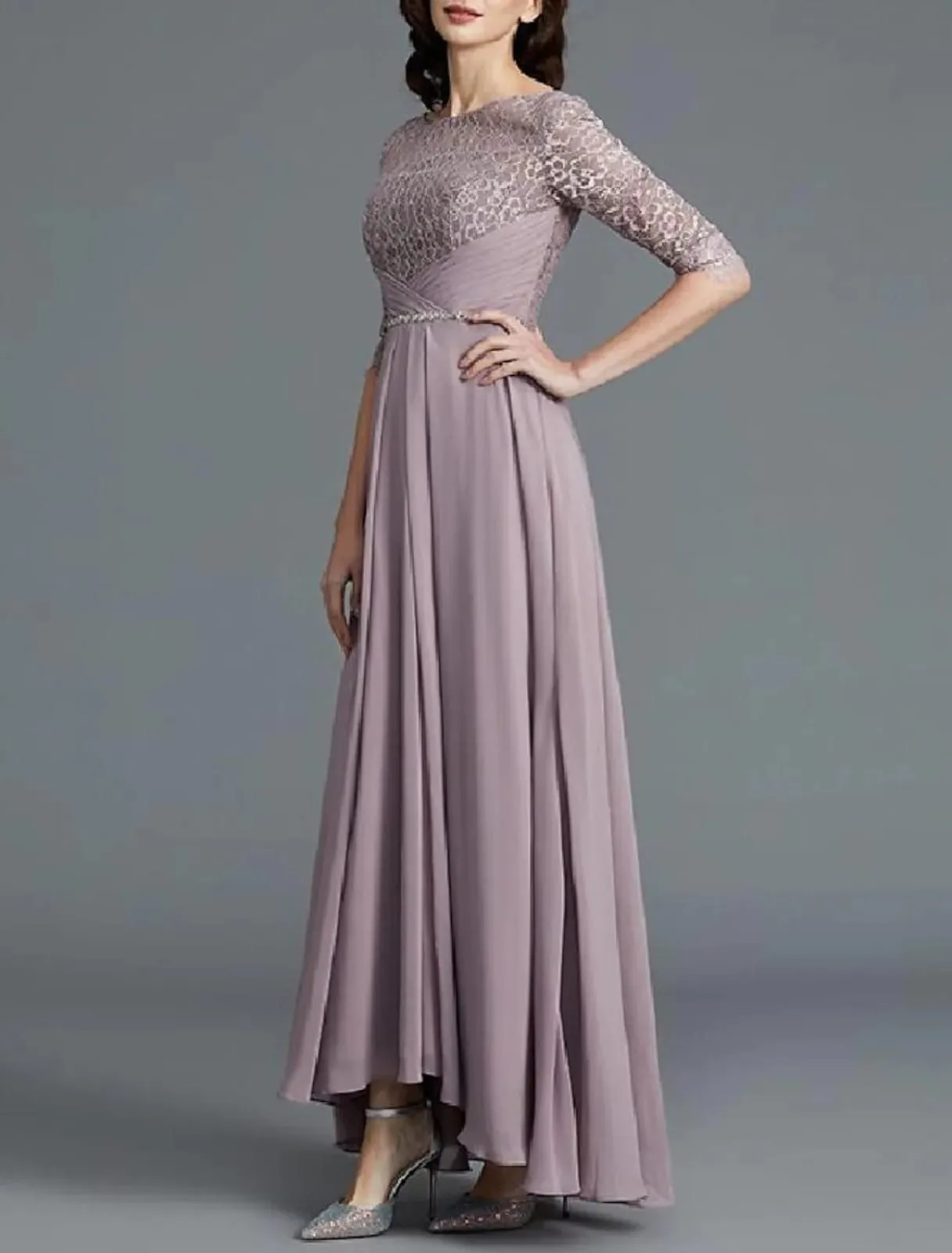 Two Piece A-Line Bateau Neck Lace Chiffon Ankle Length Mother of Bride Dress