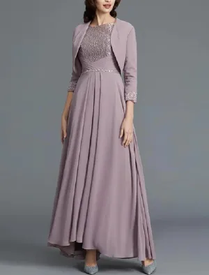 Two Piece A-Line Bateau Neck Lace Chiffon Ankle Length Mother of Bride Dress