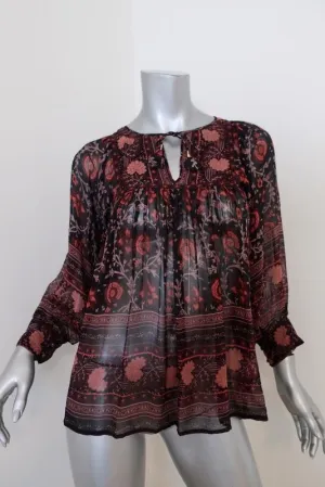 Ulla Johnson Blouse Bea Black/Red Floral Print Silk Size 0 Peasant Top