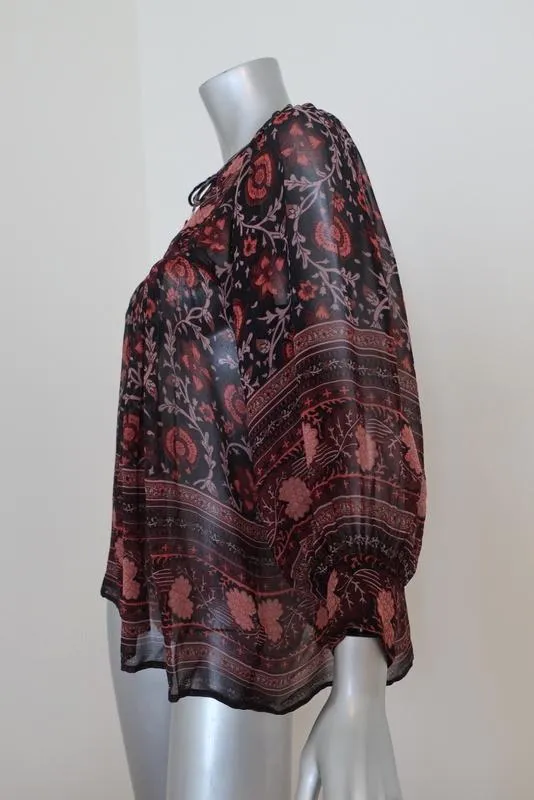 Ulla Johnson Blouse Bea Black/Red Floral Print Silk Size 0 Peasant Top