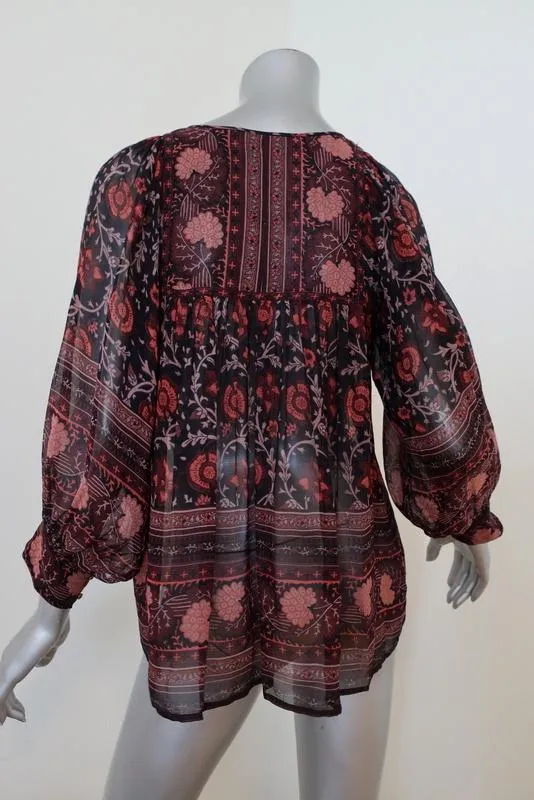 Ulla Johnson Blouse Bea Black/Red Floral Print Silk Size 0 Peasant Top
