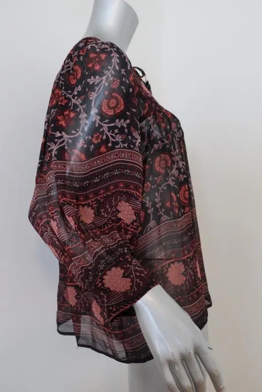 Ulla Johnson Blouse Bea Black/Red Floral Print Silk Size 0 Peasant Top