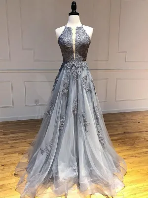 Unique Backless Lace Appliques Gray Long Prom, Backless Gray Lace Formal, Lace Gray Evening