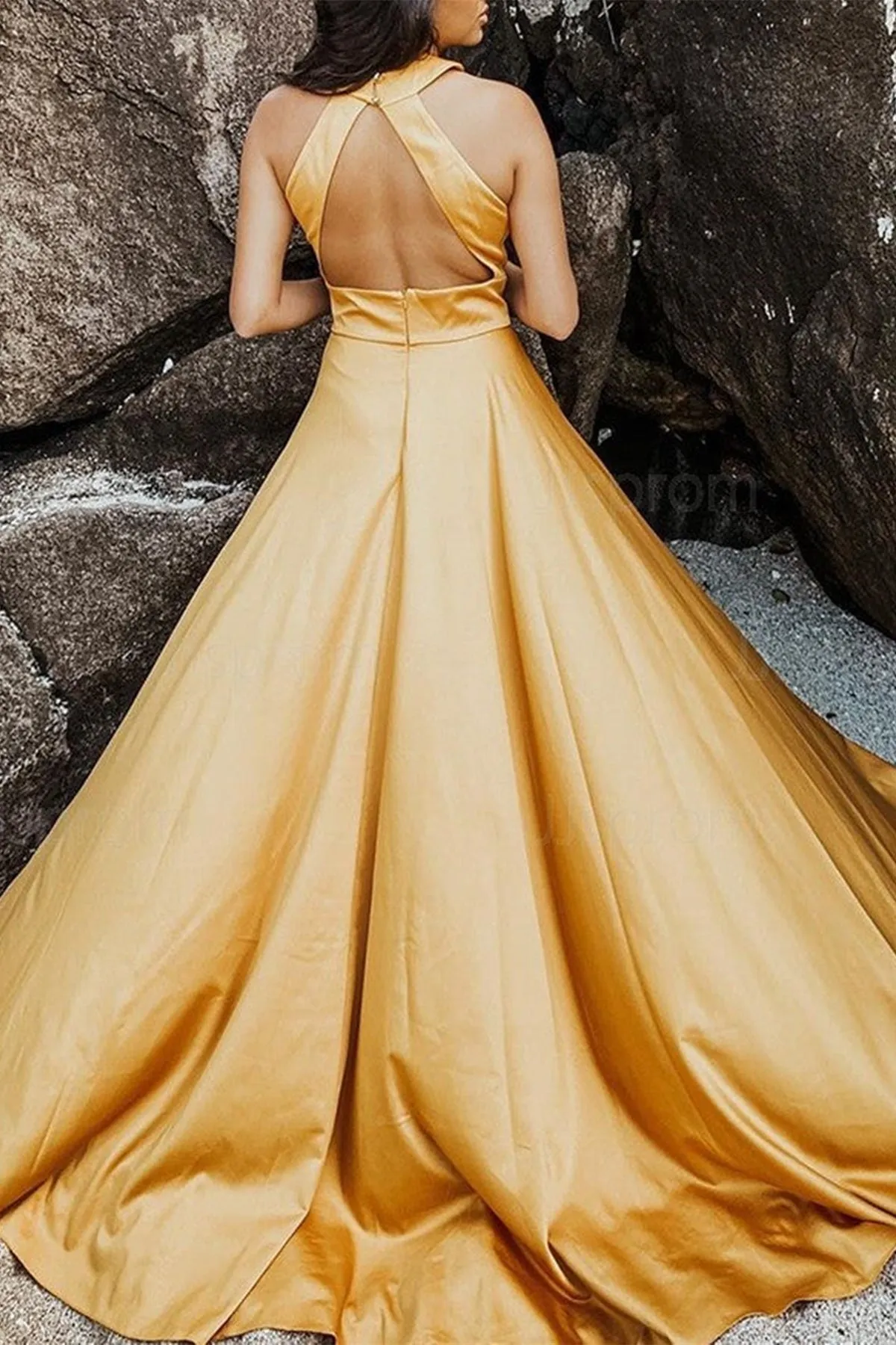 Unique Open Back Yellow Satin Long Prom Dress with High Slit, Long Yellow Formal Graduation Evening Dress A1710