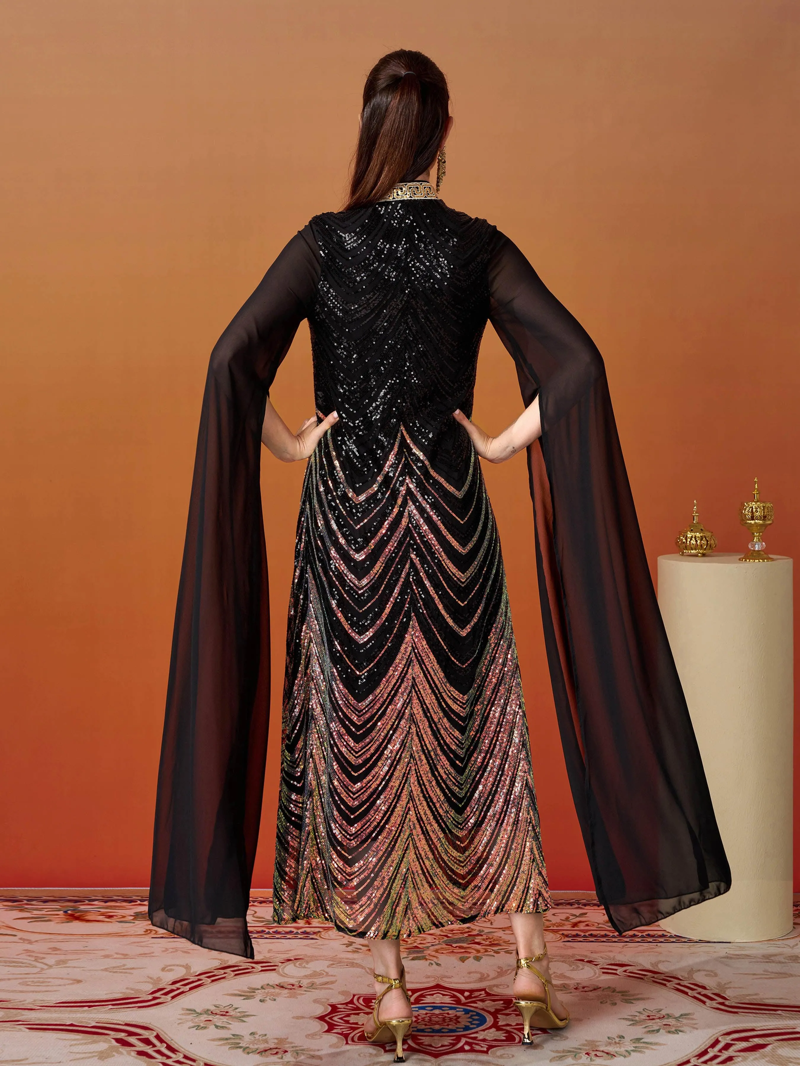 V-Neck Black Sequin Maxi Dress MES00349