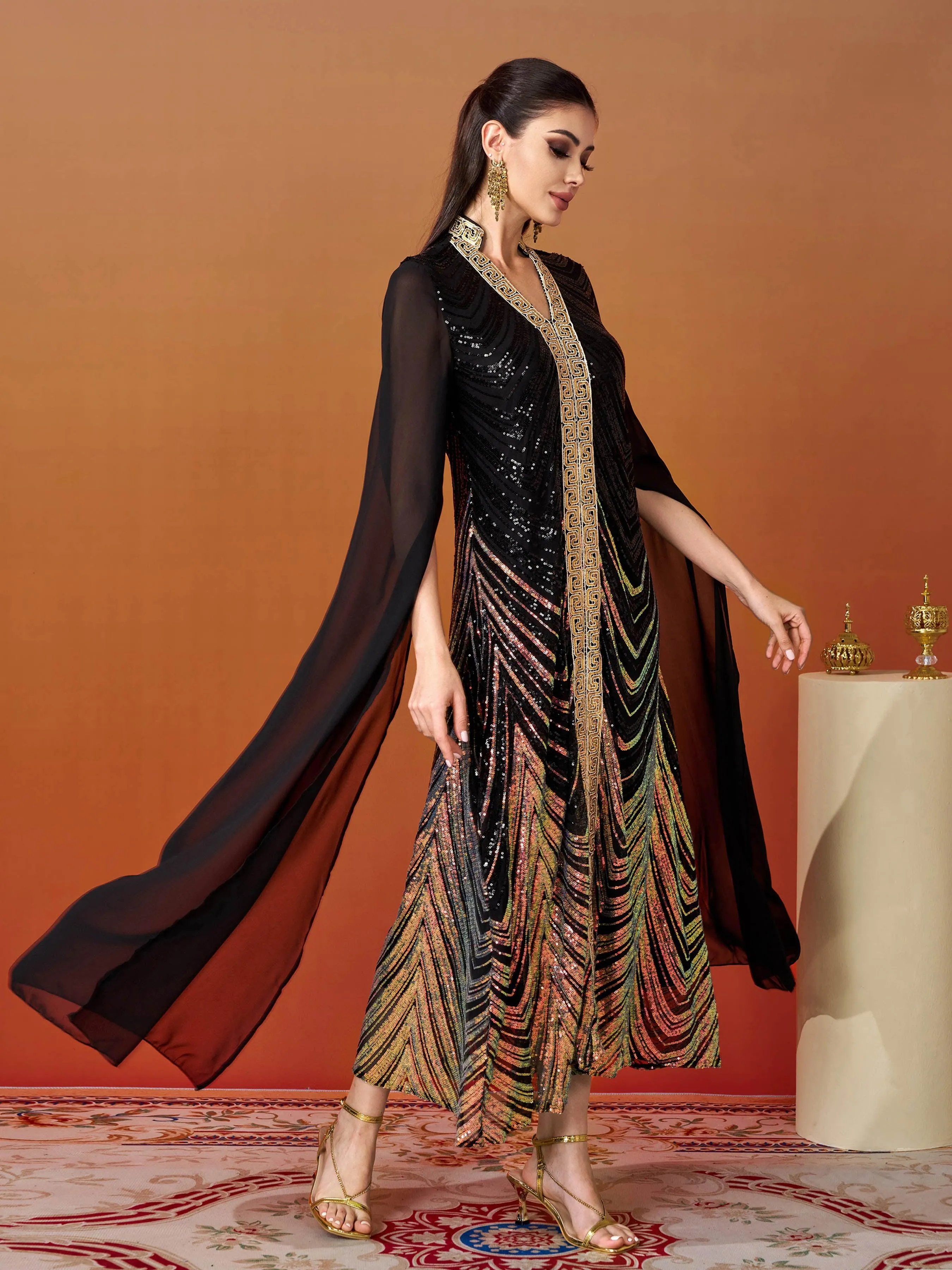 V-Neck Black Sequin Maxi Dress MES00349